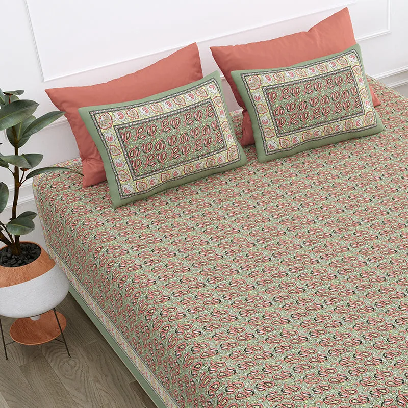 Timeless Motifs Cotton Bedsheet (Peach, Green) - 180 TC media 4