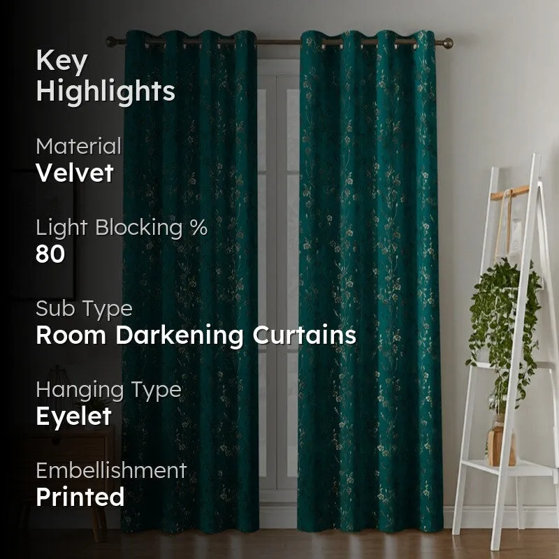 Glow Touch Printed Velvet Curtains (Teal,Gold) - Set Of Two media 2