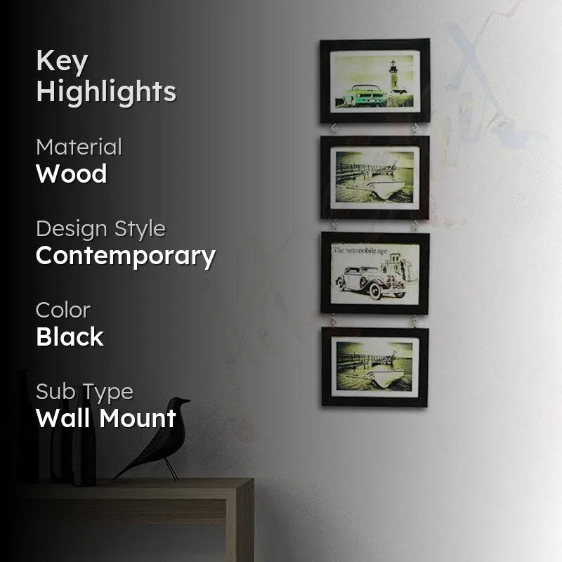 Black wall-mounted photo frames styled above a console table