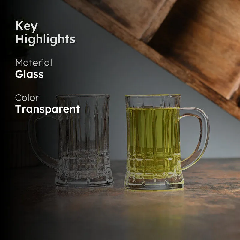 Two clear ribbed glass mugs displayed with material and colour highlights.