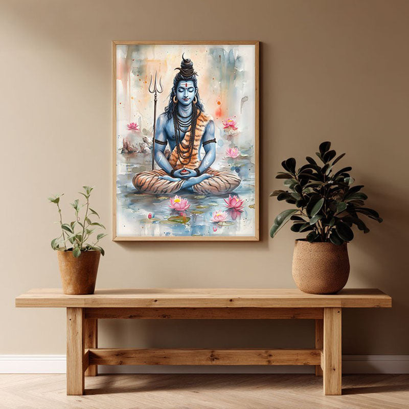 Adiyogi Shankara Spiritual Archival Paper Wall Painting - Natural Brown Frame