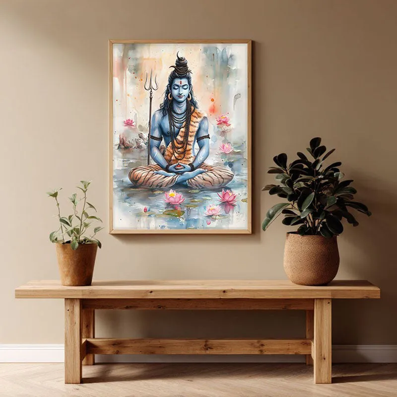 Adiyogi Shankara Spiritual Archival Paper Wall Painting - Natural Brown Frame media 1