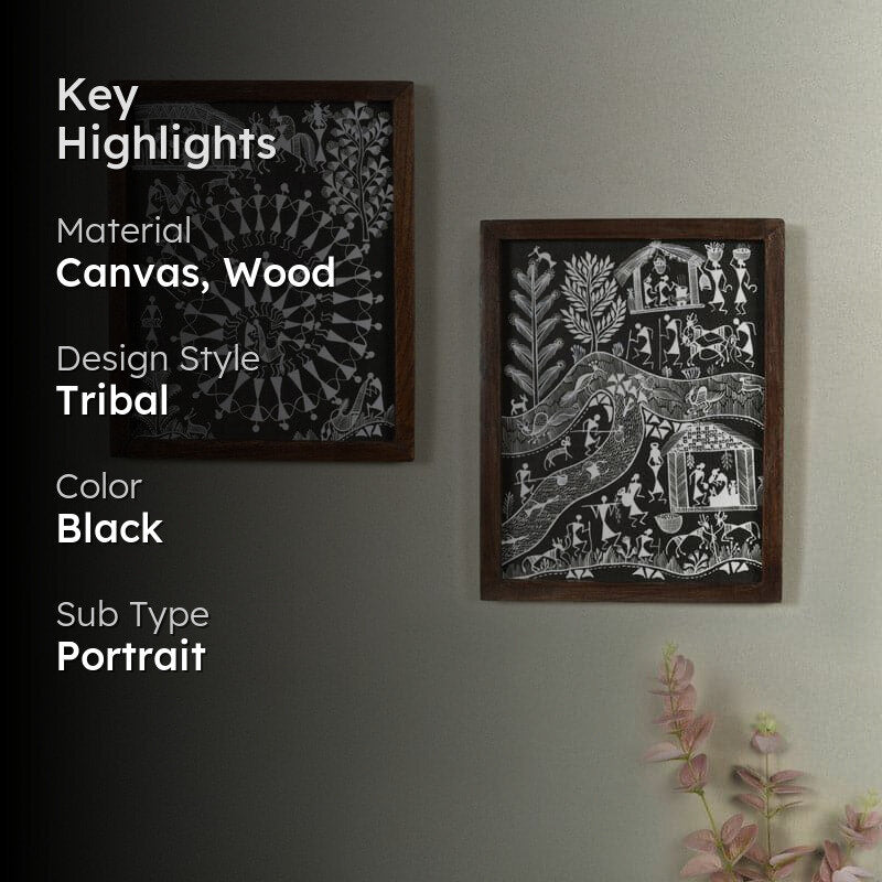 Life Of Warli Canvas Wall Art - Set Of Two media 2