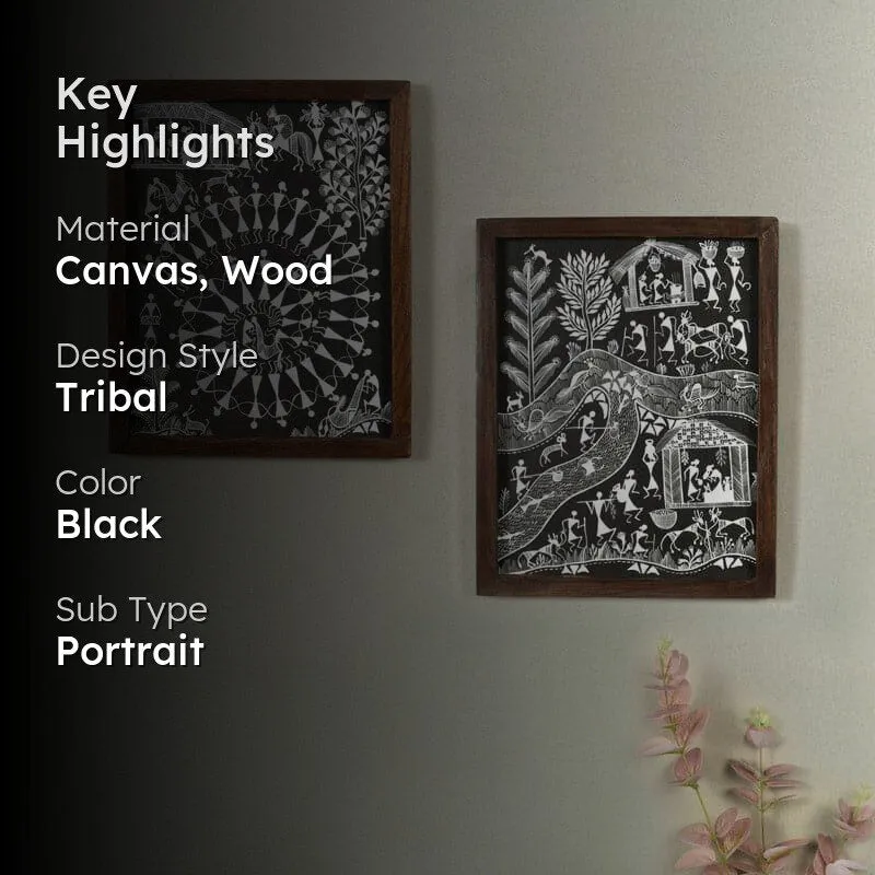 Life Of Warli Canvas Wall Art - Set Of Two media 2