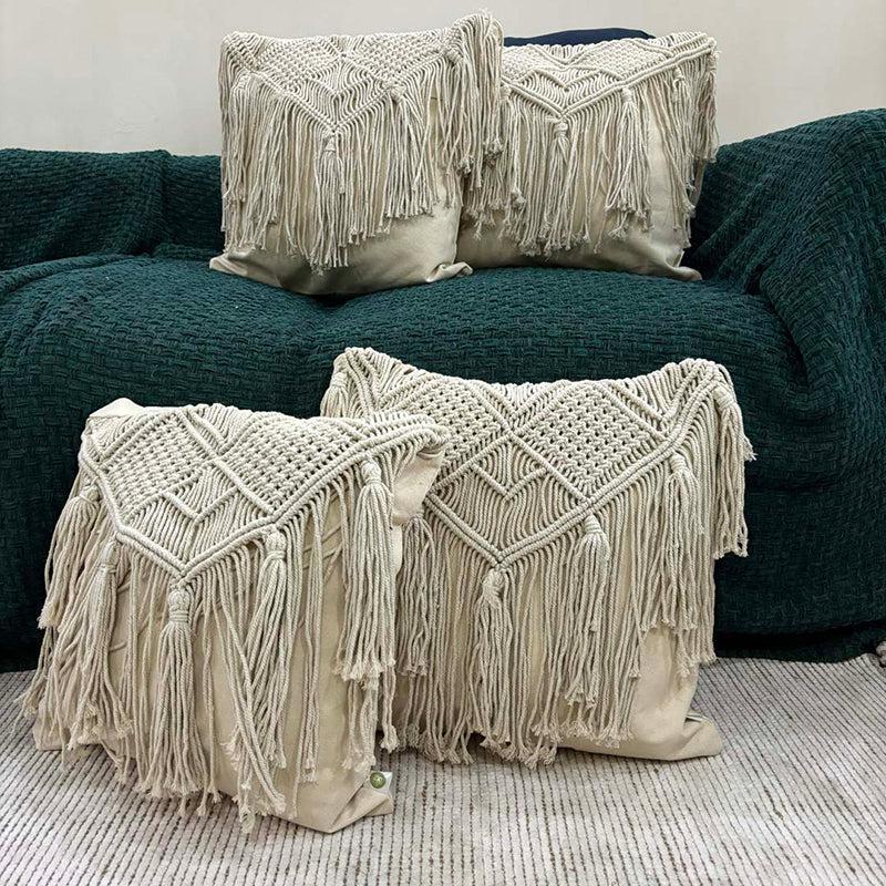 Earth & Twine Macrame Fringed Cotton Cushion Cover - Set Of Four media 2