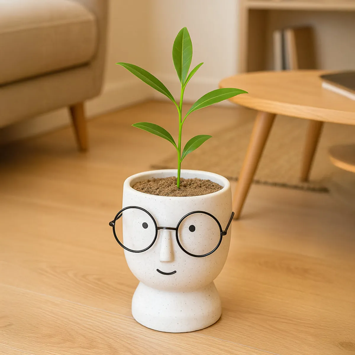 Speckled white face-shaped planter with glasses and a young plant