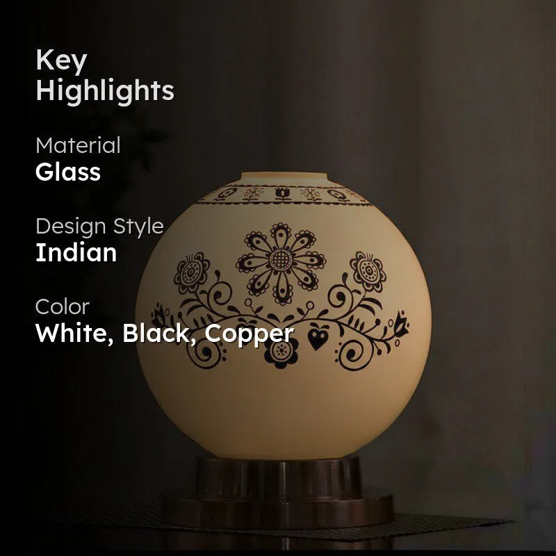 Round Floral Moon Hand Painted Glass Table Lamp With Copper Base - White,Black,Copper media 2
