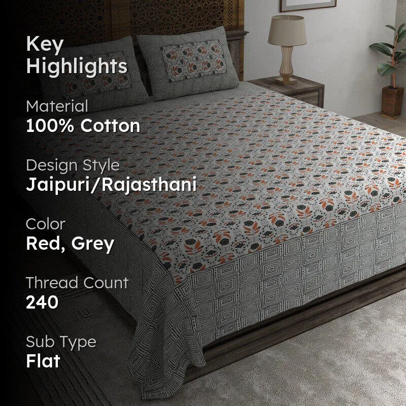 Aurao Cotton Bedsheet (Red,Grey) - 240 TC media 2