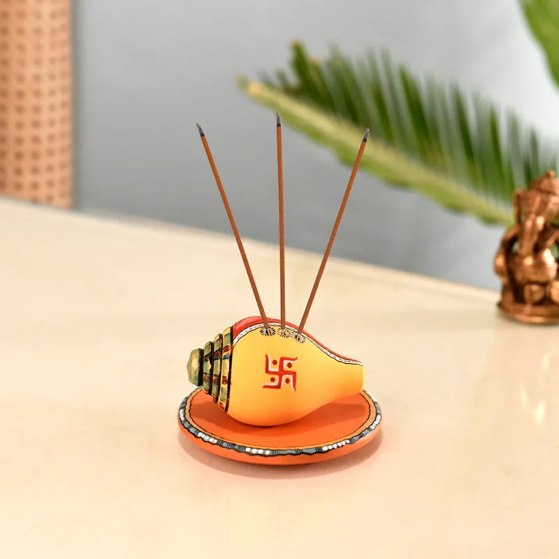 Swastika Conch Incense Holder (Yellow) - Two Piece Set media 1