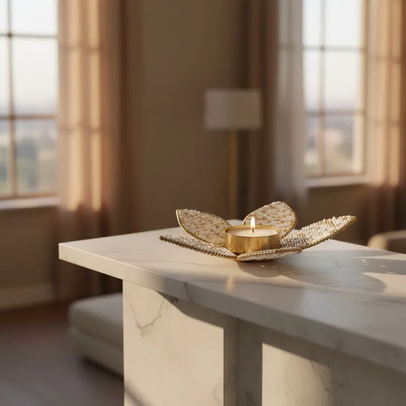Petal tea light holder placed on a light kitchen island in a warm room