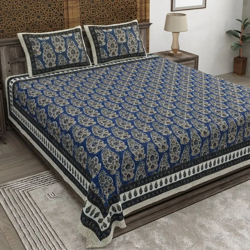 Floray Cotton Bedsheet (Blue,White) - 240 TC media 1