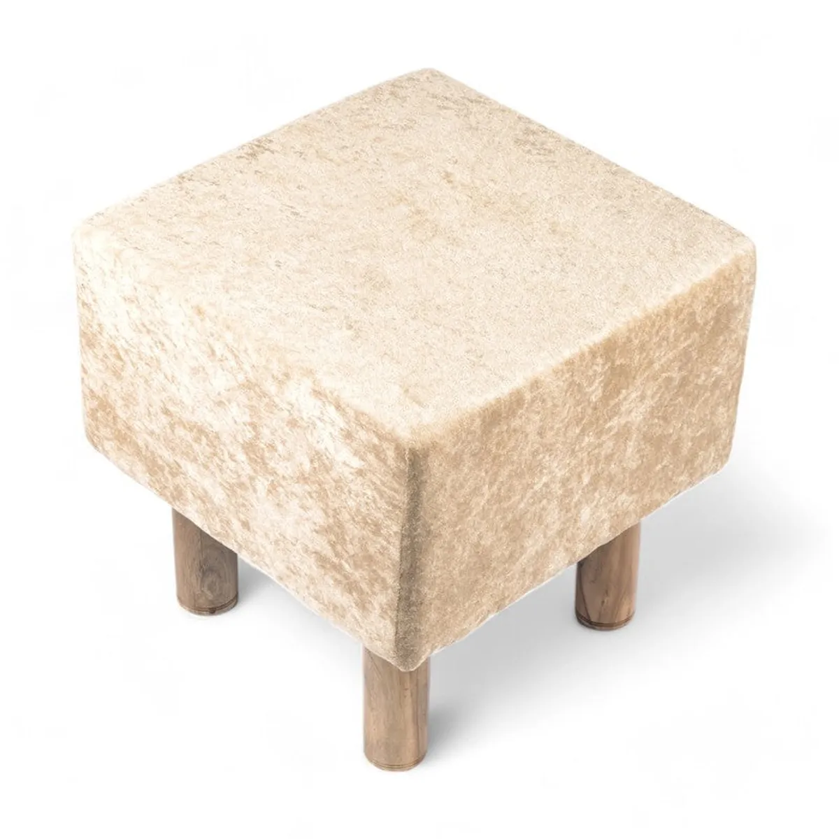 Beige square ottoman with wooden legs, angled view