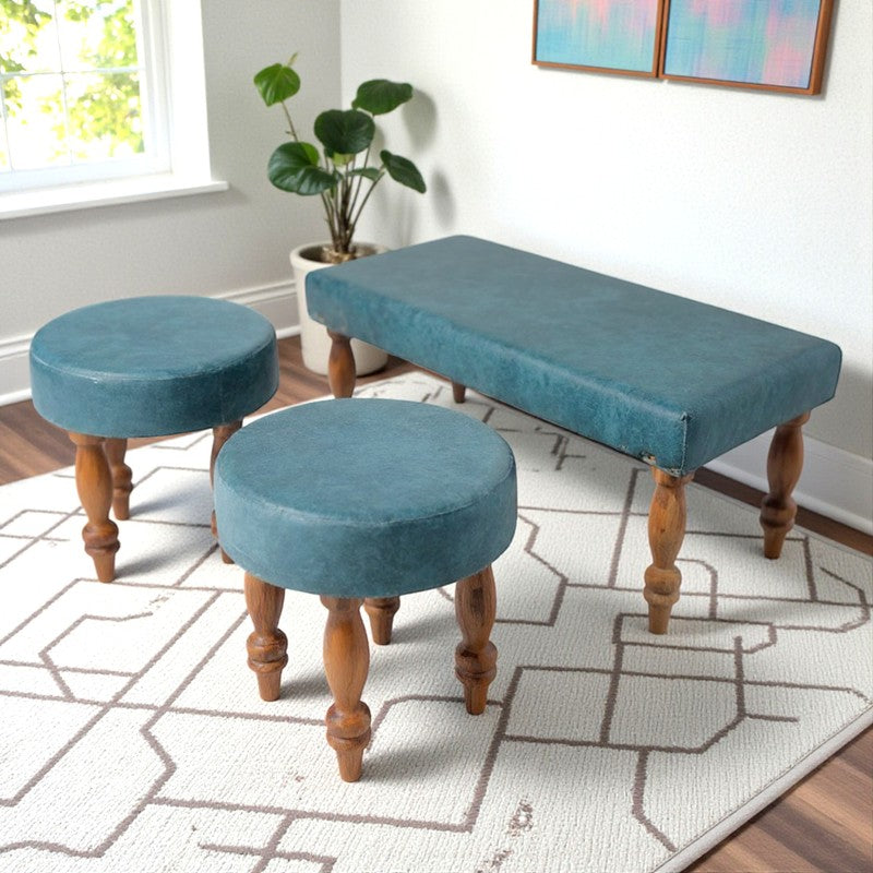 Dexon Sheesham Wooden Bench with Stools (Blue) - Three Piece Set