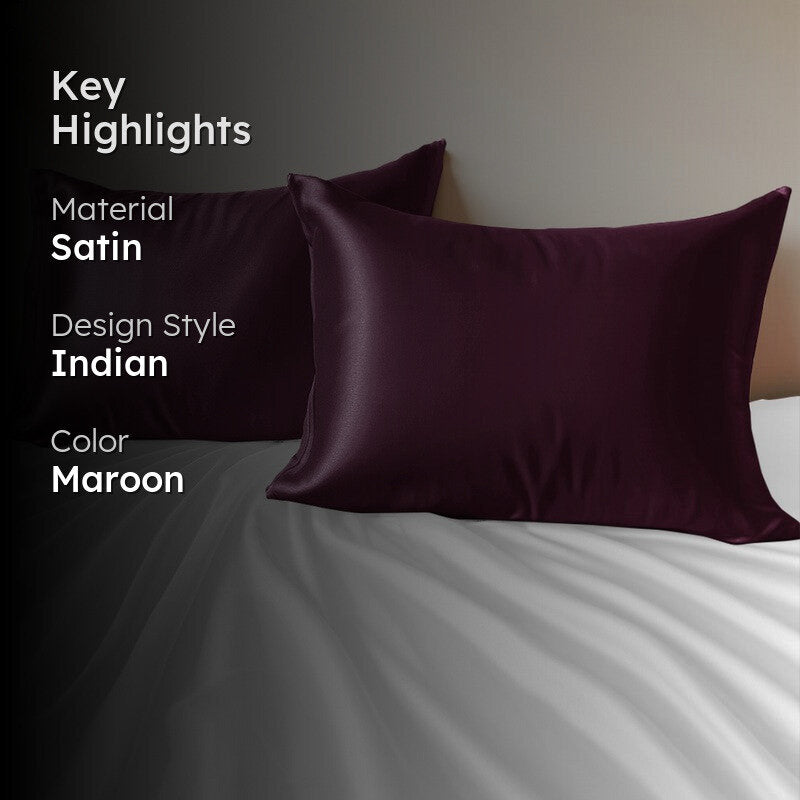 SilkenAura Satin Pillow Cover with a Scrunchy (Maroon) - Set Of Two media 2