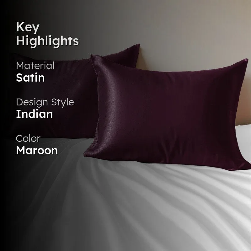 SilkenAura Satin Pillow Cover with a Scrunchy (Maroon) - Set Of Two media 2