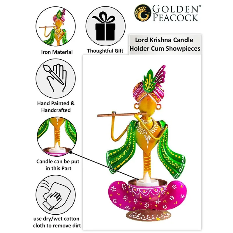 Krishan Iron Figurine with Diya - Purple,Yellow media 4