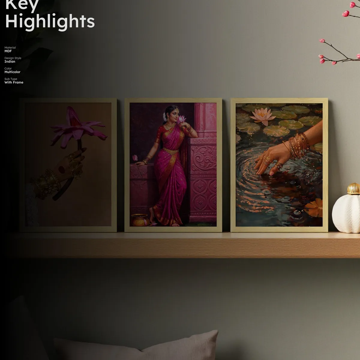 Classical Indian Woman Wall Painting With Frame - Set Of Three media 2