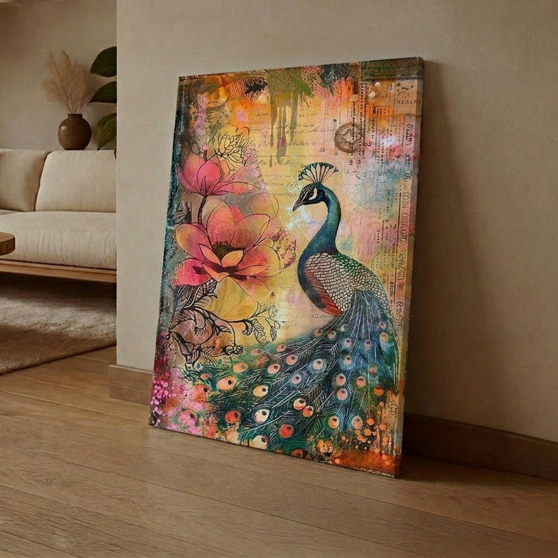 Peacock & Petals Canvas Traditional Wall Art