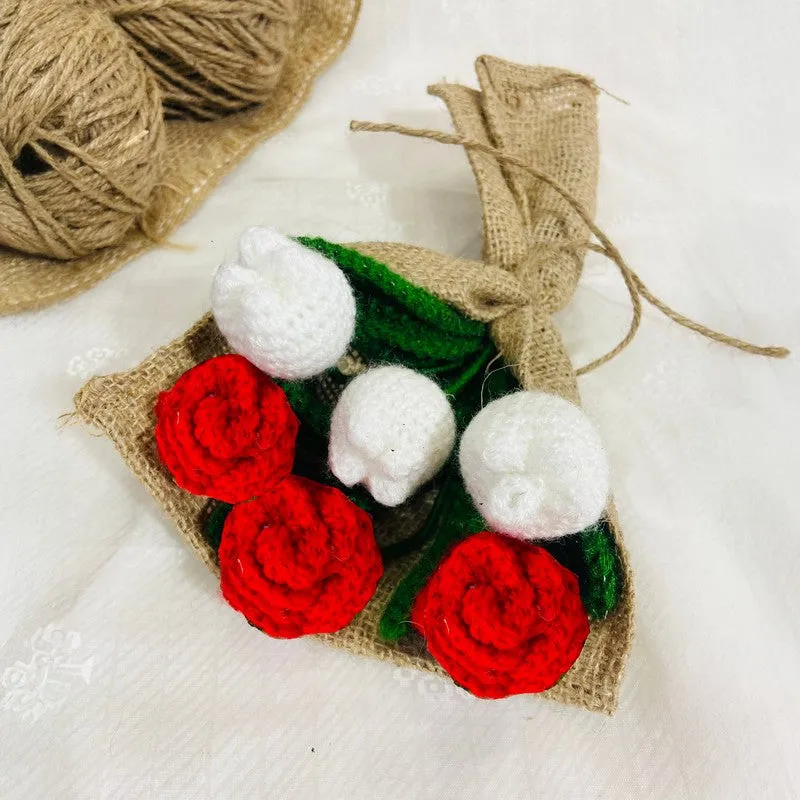 Crochet Handmade Rose Bouquet (Red,White) - Set Of Six media 6