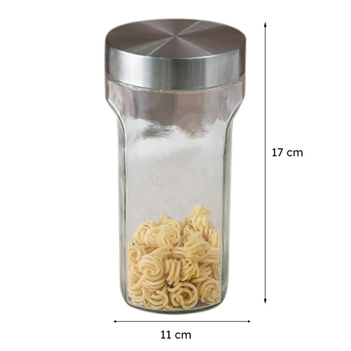 Transparent cylindrical storage container shown with 17 cm height and 11 cm width