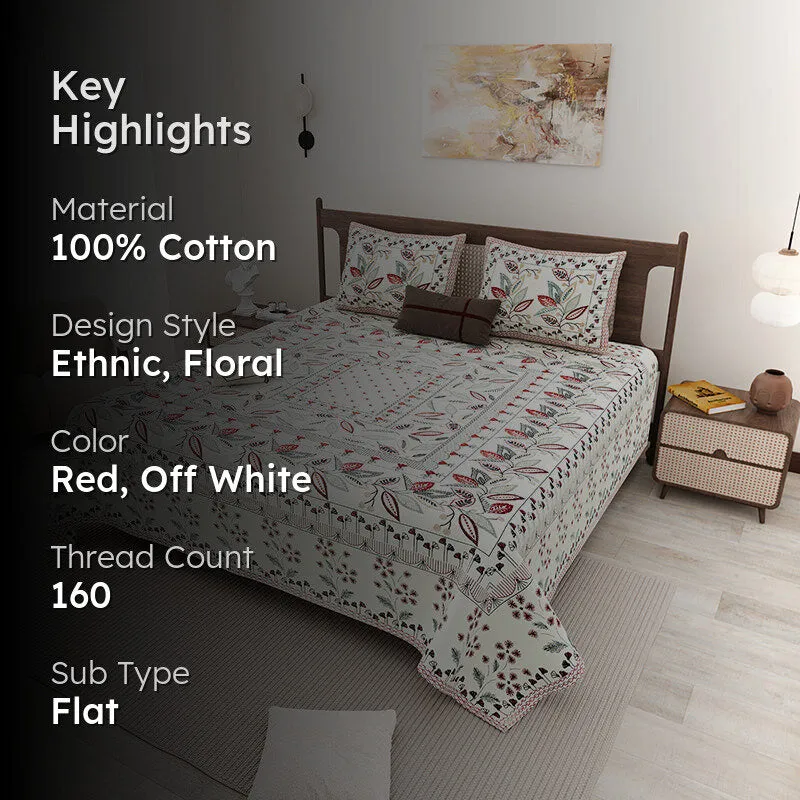 Aniditha Ethnic Cotton Bedsheet (Red,Ivory) - 160 TC media 2