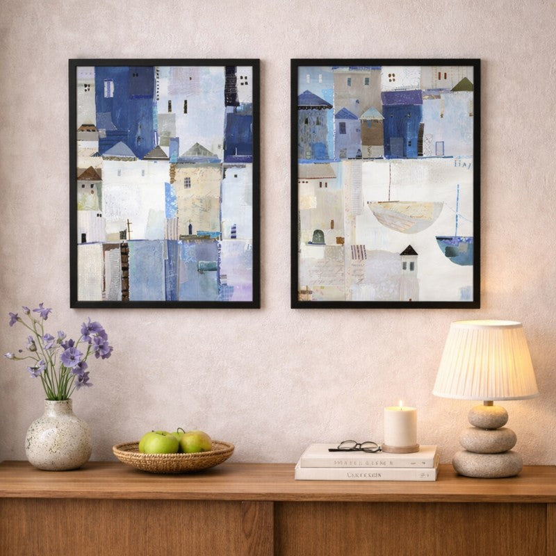 Blue Facades Paper Wall Painting With MDF Frame - Set Of Two