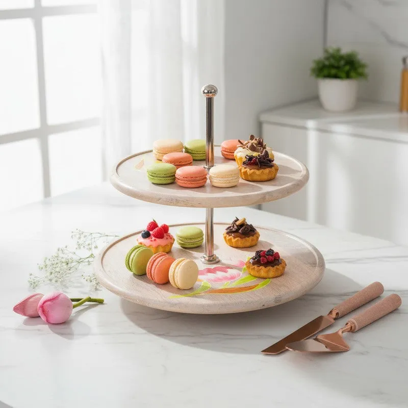 Padma Grace Lotus Wooden Two-Tier Cake Stand media 1