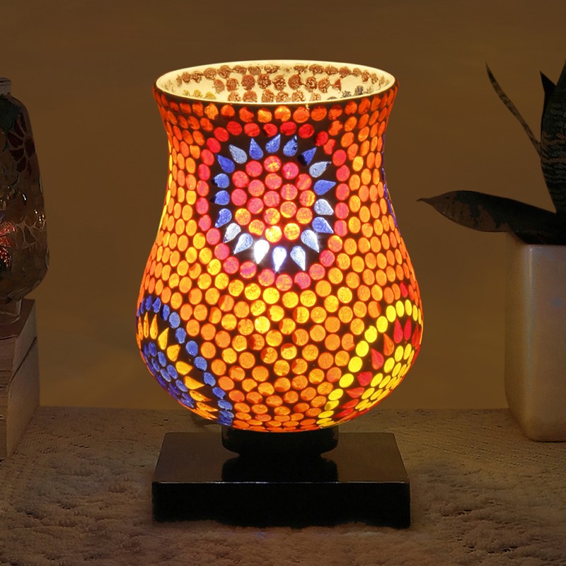 Lumet Mosaic Glass Table Lamp With Wooden Base - Multicolor