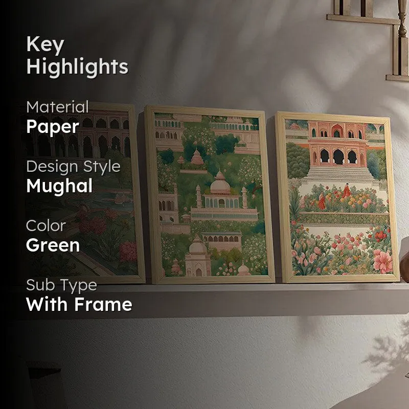 Gulshan-E-Mahal Mughal Paper Wall Art With Frame (Green) - Set Of Three media 2