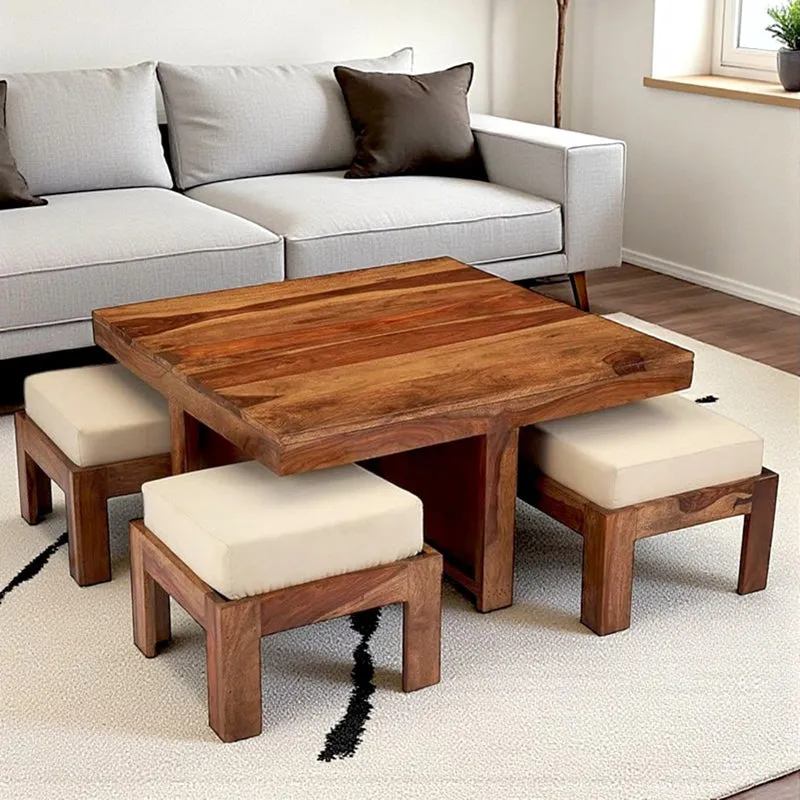 Evrino Sheesham Wooden Center Table with Stools and Cushions (Brown,White) - Nine Piece Set media 1