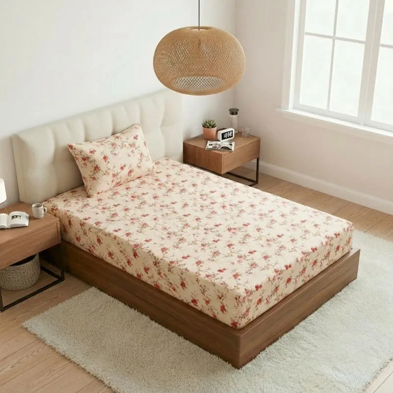 Esmeralda Floral Printed Cotton Bedsheet (Orange) - 180 TC media 1