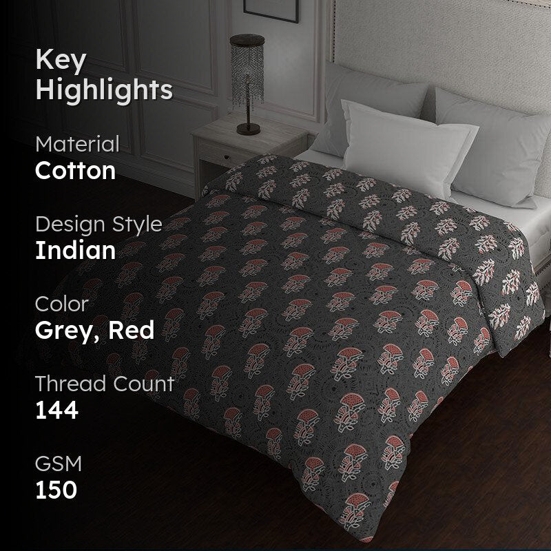 Juhi Reversible Floral Cotton Comforter (Grey & Red) - 150 GSM media 2