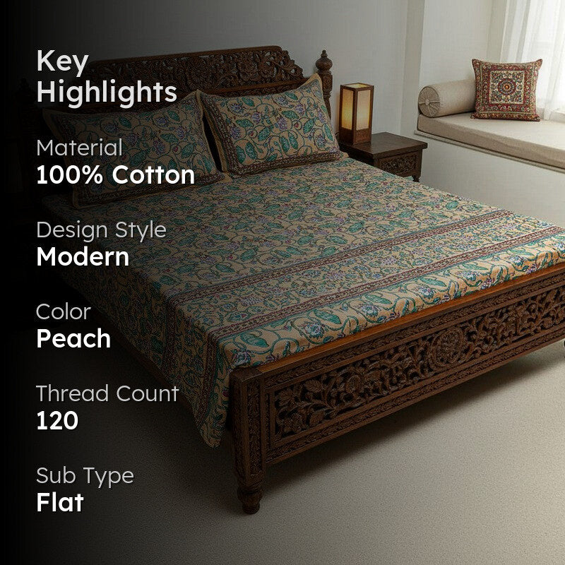 Jewelina Floral Printed Cotton Bedsheet (Peach) -120 TC media 2