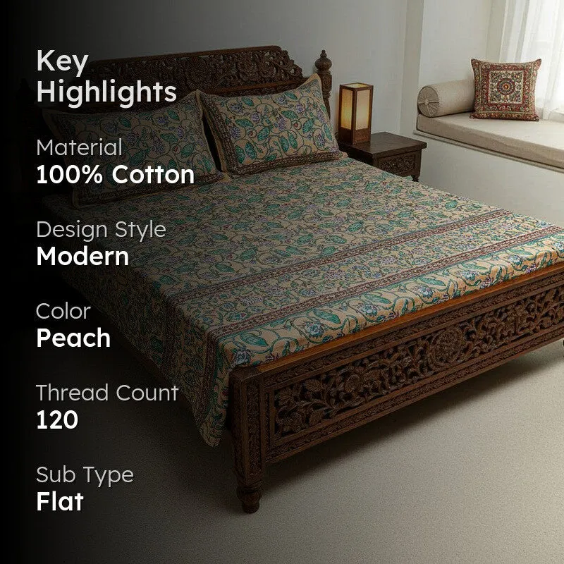 Jewelina Floral Printed Cotton Bedsheet (Peach) -120 TC media 2