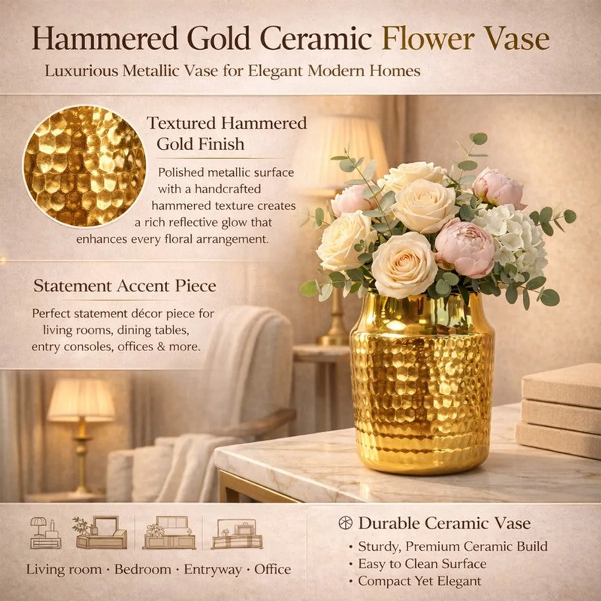 Gold textured ceramic vase shown in a styled living room setting.