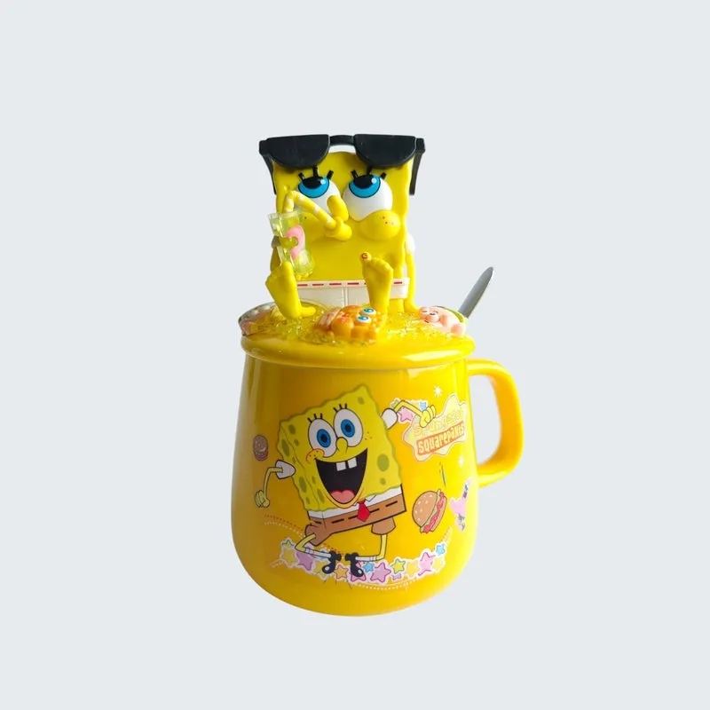 Front view of yellow SpongeBob mug with sculpted SpongeBob lid