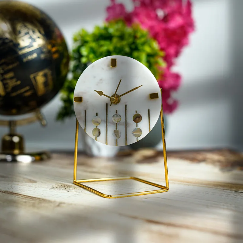 Moderna Marble Table Clock With Brass Inlay - White, Gold media 4