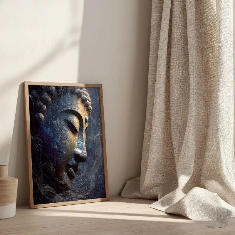 Mystic Blue Buddha Archival Paper Wall Painting With Brown Frame media 3