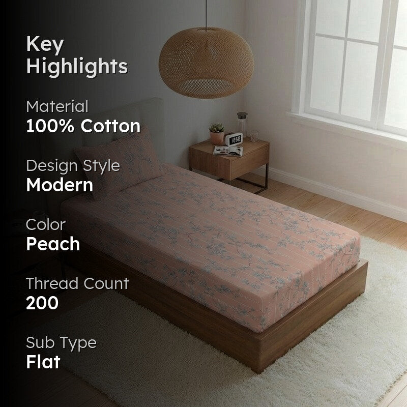 Grassy Flora Printed Cotton Bedsheet (Peach) - 200 TC media 2