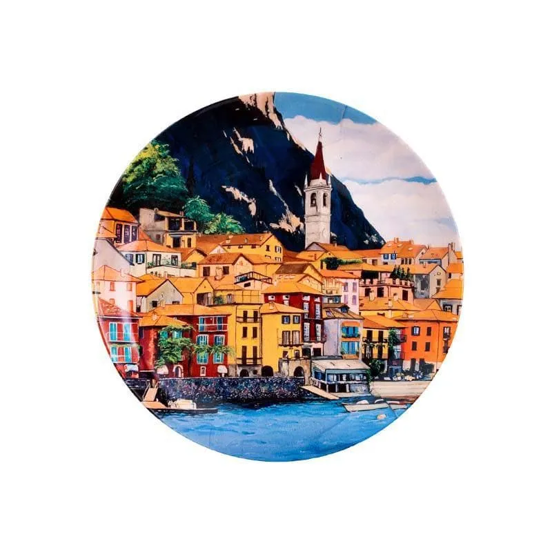 Front view of round plate with multicolour townscape print