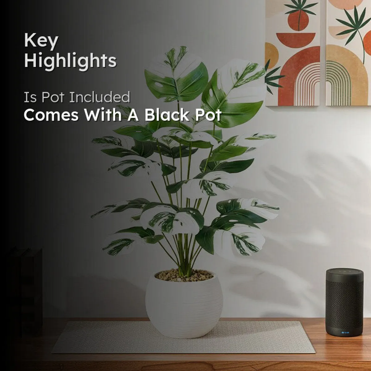 Faux monstera plant in a white planter shown beside its black-pot feature