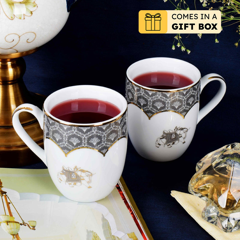 Gilded Legacy Coupe 24k Gold Brushed Porcelain Coffee Mug (280 mL Each/Grey) - Set Of Two - 280 ML