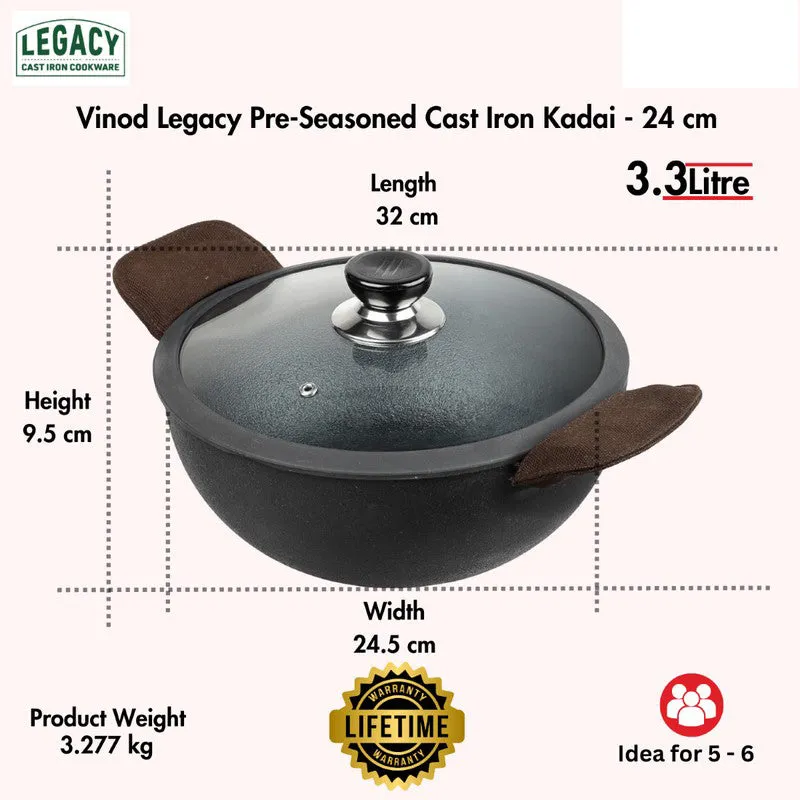 Vinod Fayric Cast Iron Kadhai With Lid- 3300 mL/12 Inches - 10