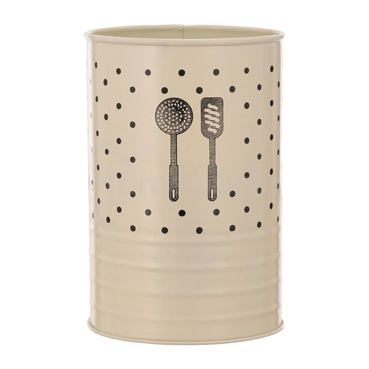 Close-up of the white cylindrical cutlery stand with black dots and utensil illustrations