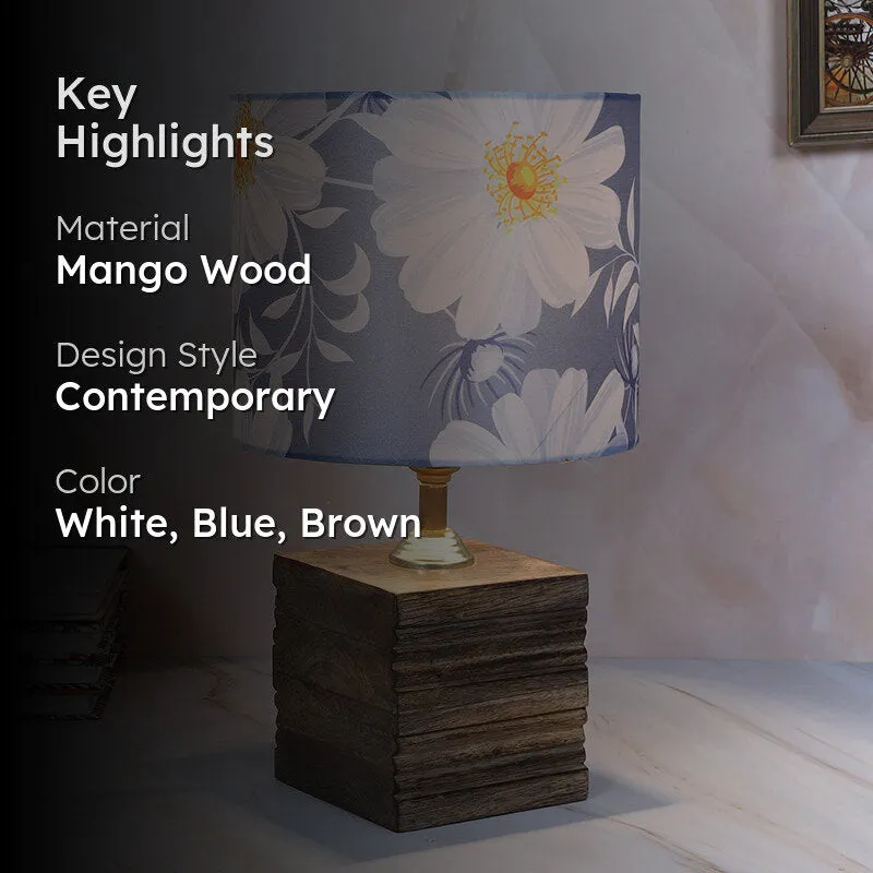 Daisy Blooms Cube Printed Mango Wood Table Lamp - White,Blue,Brown media 2