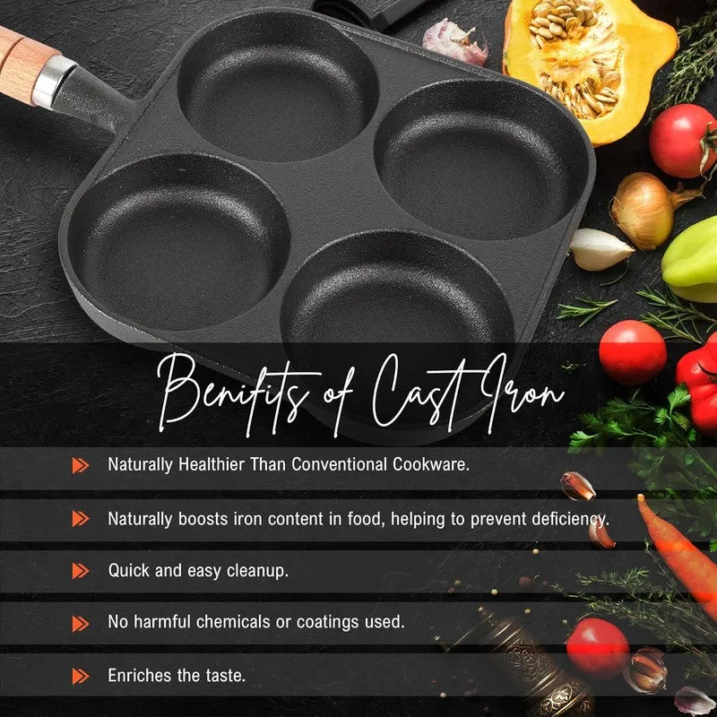 Close view of a square cast iron pan with four round pits and a textured black surface