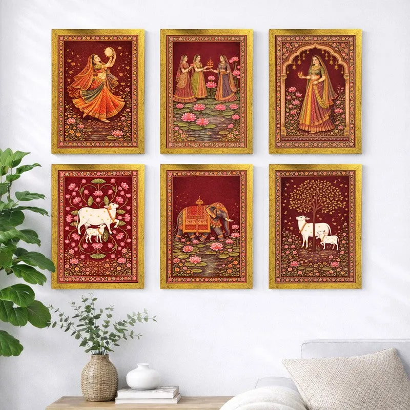 Six framed Indian folk-style art prints with royal figures, animals and floral motifs