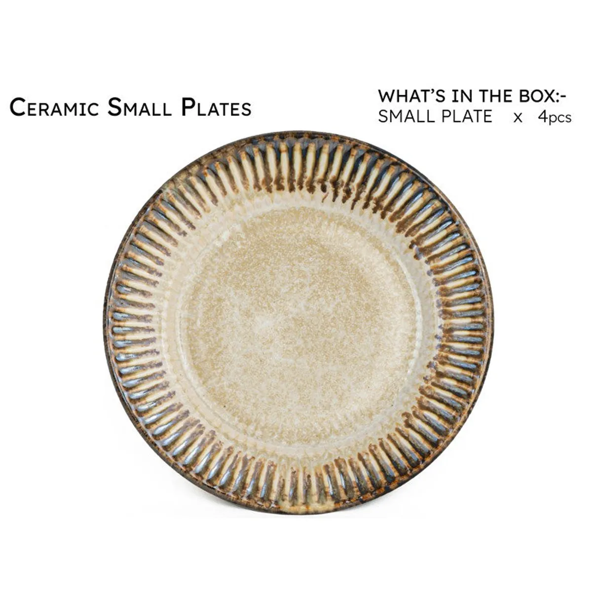Close-up of a beige ceramic plate with a ribbed, textured rim