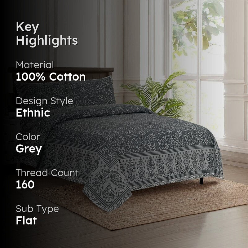 Ivsara Floral Cotton Bedsheet (Grey) - 160 TC media 2