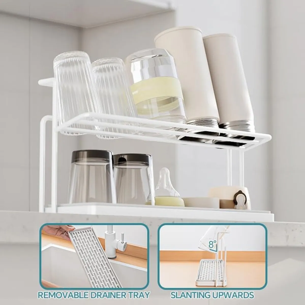 White two-tier organiser example with cups, bottles and inset tray detail views